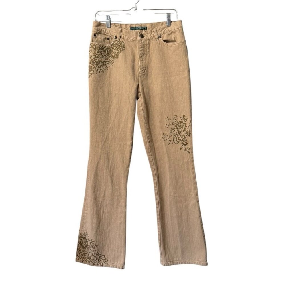Lauren Jeans Co. Ralph Lauren Women’s Floral Bootcut‎ Jeans Beige Size 8 Boho
